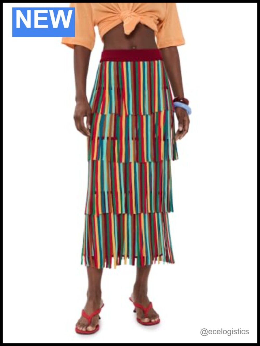 Women's Midi Knit Skirt Striped Fringe Trim Workwear